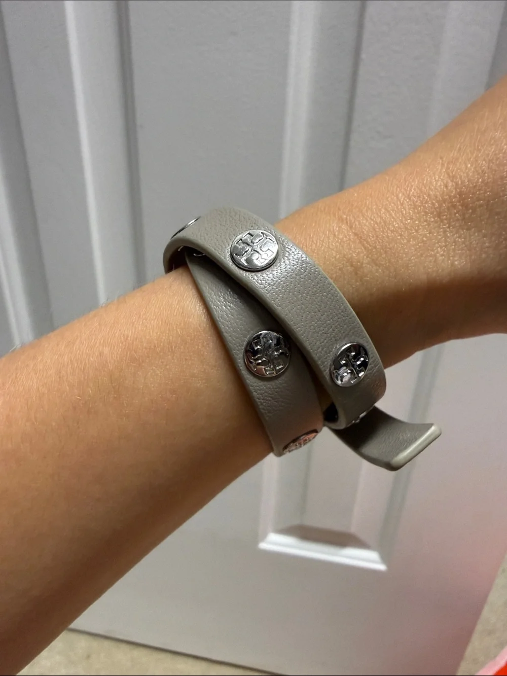 Tory Burch Gray Leather Double-Wrap Bracelet with Silver Accents